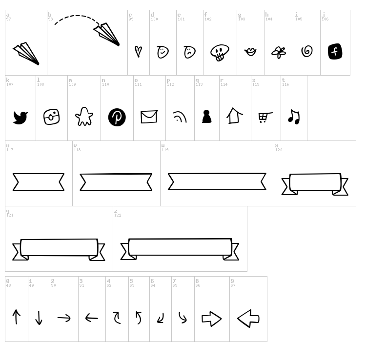 Notepaper Airplanes Extras font map